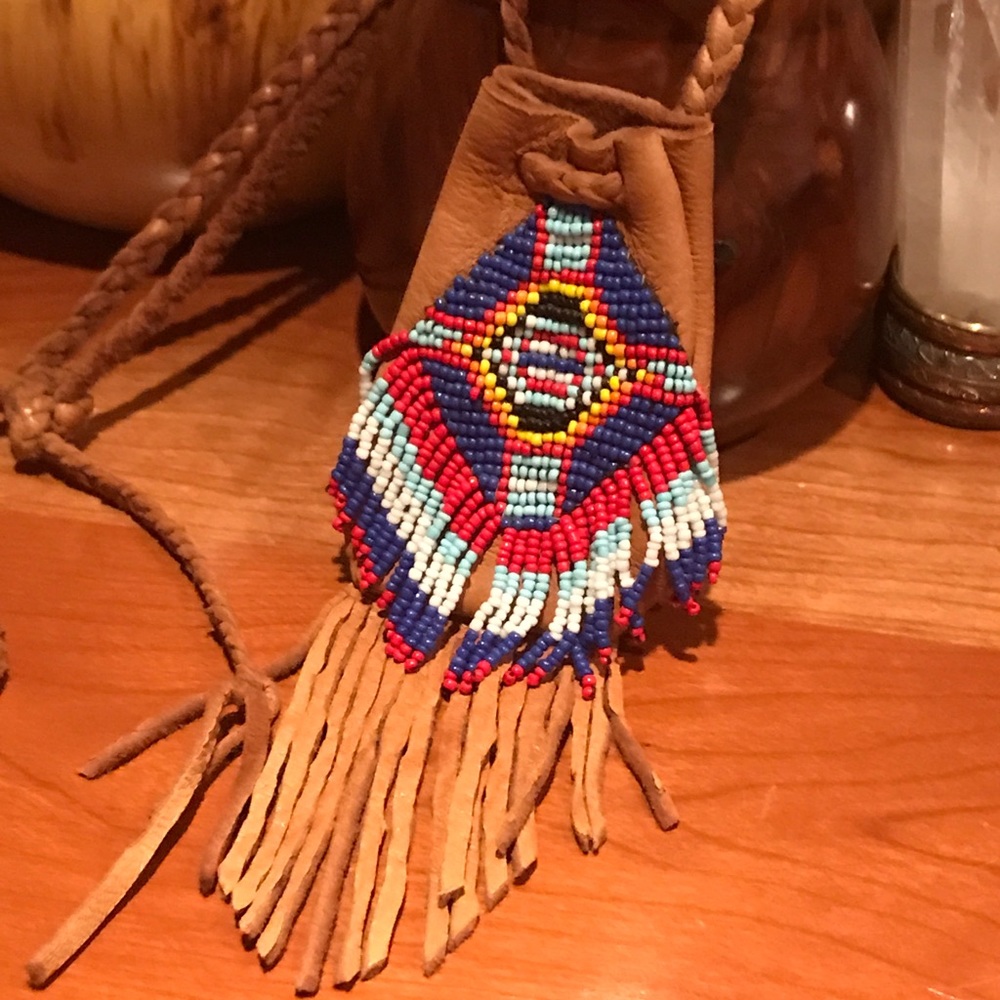 SOLD - Leather Beaded Medicine Bag Necklace